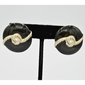 MJ Ent Vintage Earrings Black Enamel Brushed Silver Round Knot Signed 1980s BnS